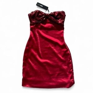 Fashion Nova Holiday Sequin Bow “Serena Satin Mini Dress” in Red